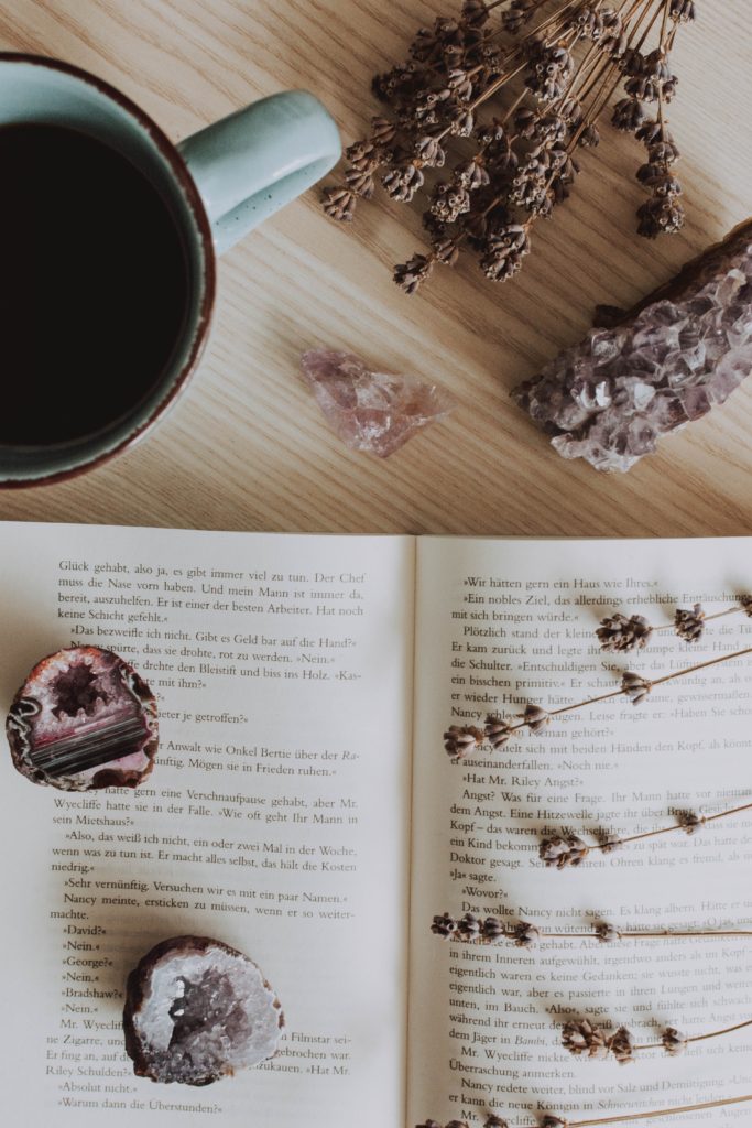 crystals with a book and coffee plus lavendar. So good!